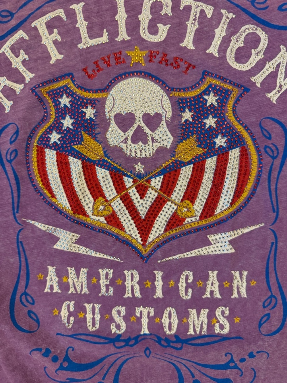 ✨ Affliction Y2K Rhinestone Skull Baby Tee Purple American Biker 2X NWT